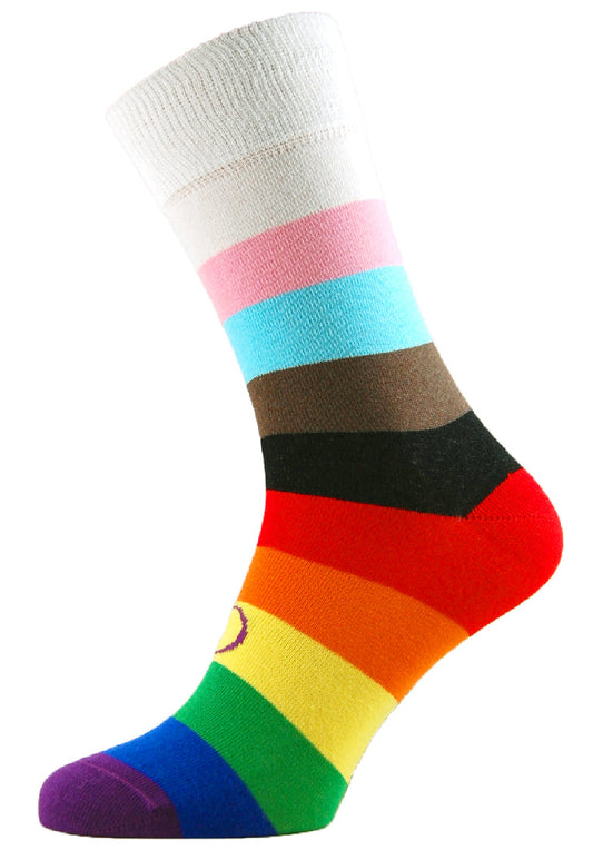 Unisex adults Progress Pride Socks. These Progressive Striped Flag socks have been created with love to support your feet and your “sole”. To assist your true authentic self when you’re walking with purpose, pride, and style. Our range of Genderqueer Pride Socks aim to make the world a brighter and more loving place. 